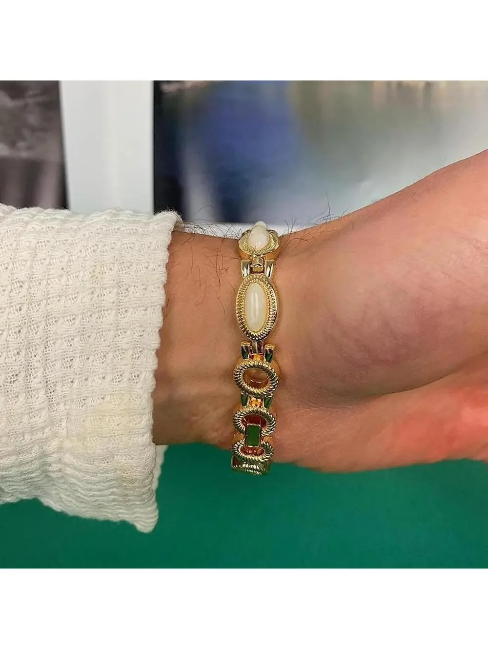 Y2k style Dainty cute Gold style tone quartz watch with white jade stone opal ac